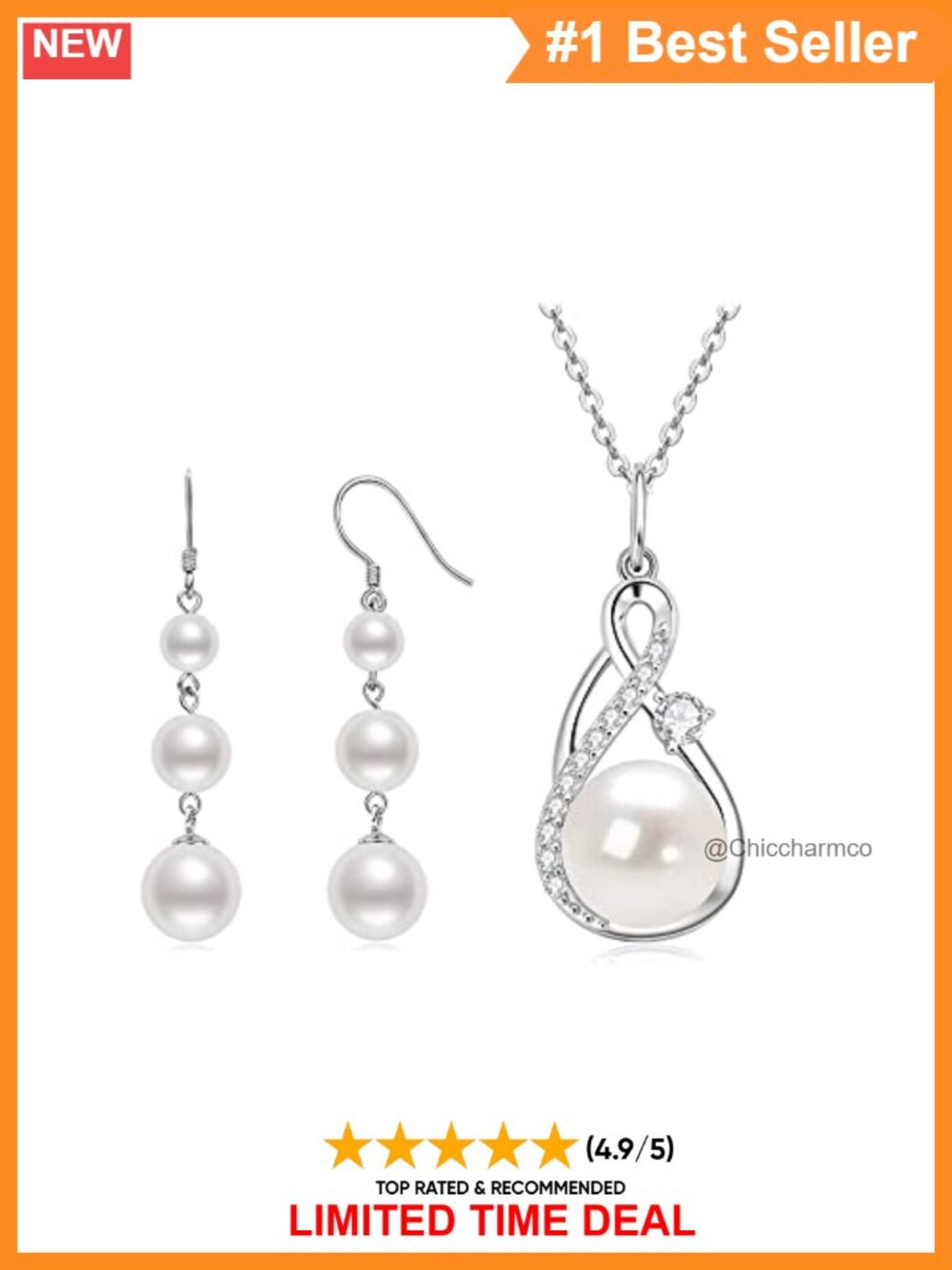 Sterling Silver 18k White Gold Plated Pearl Moissanite Necklace Earrings Set